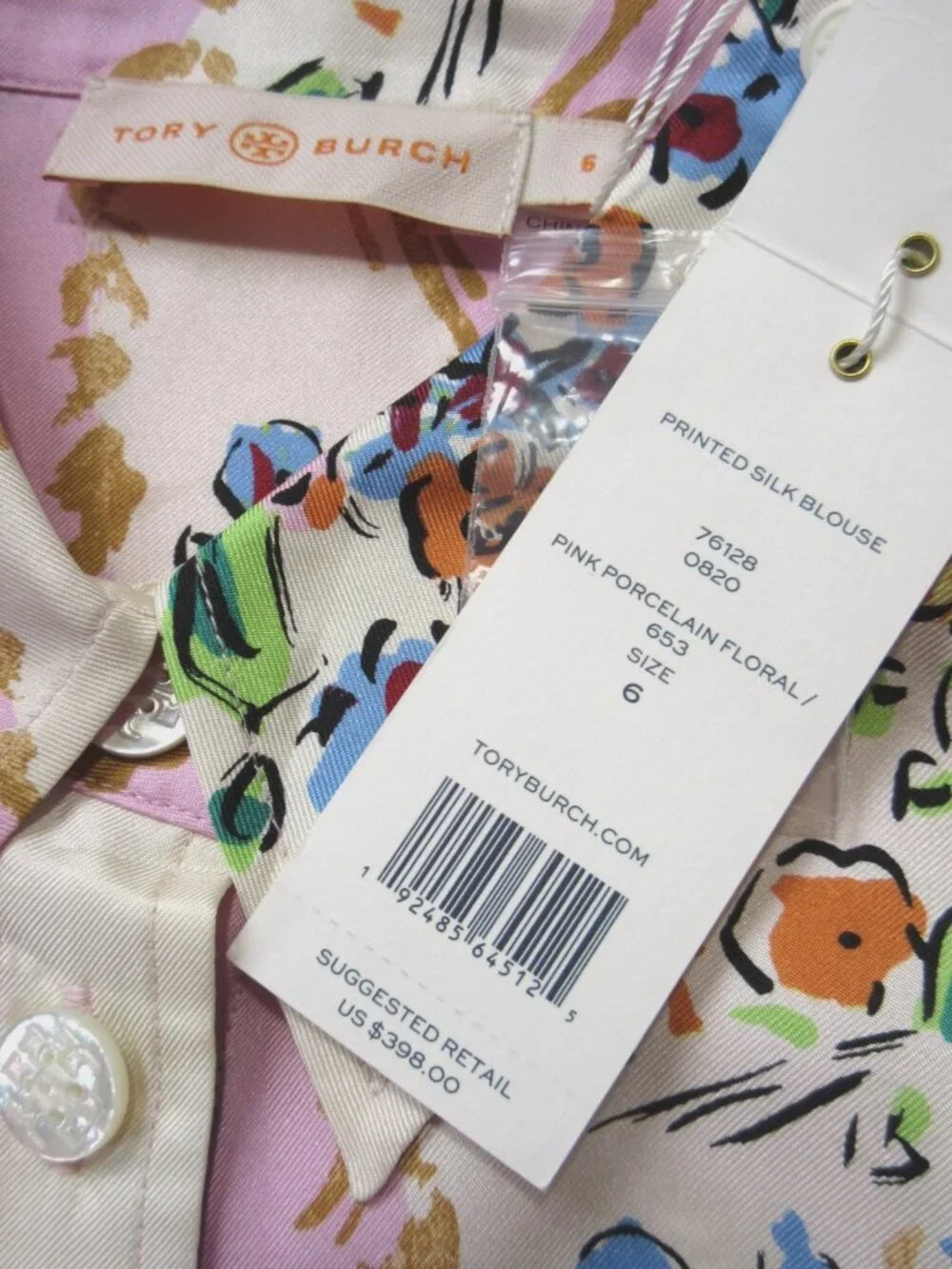 NWT Tory Burch Silk Printed Blouse in Pink Porcelain Floral Button Down Shirt 6